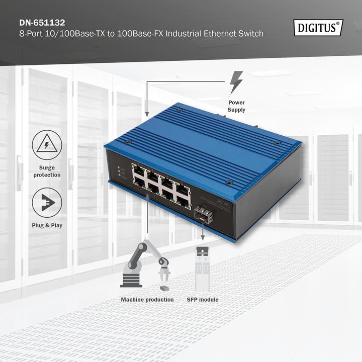 Image du produit Digitus Commutateur industriel Ethernet 8 ports 10/100BASE-TX + 1 port 100BASE-FX (8 Ports)