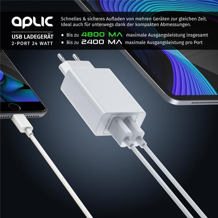 Produktbild Aplic USB Ladegerät 4800 mA, 2 Port Nezteil mit Smart Charge + Solid Charge, Leistungsstarke 24W, weiss (24 W)