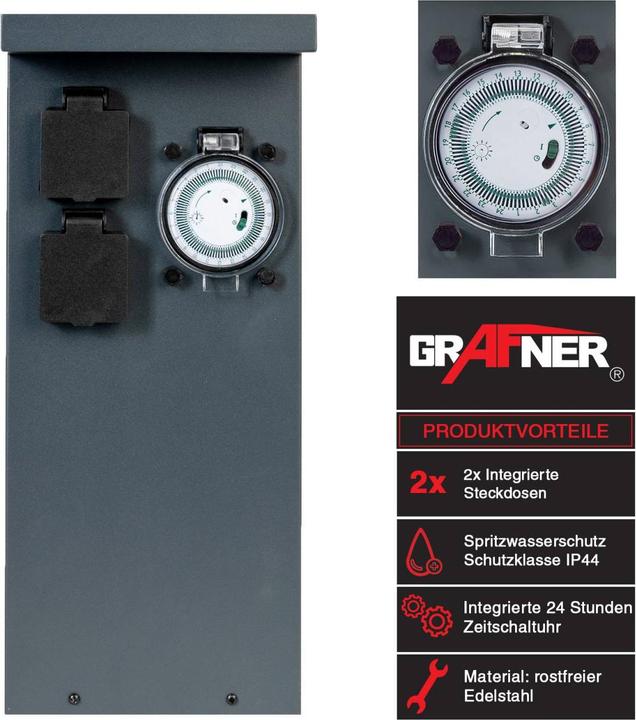 Immagine prodotto Grafner Colonnina in acciaio inox con timer 2 prese da esterno Presa da giardino antracite