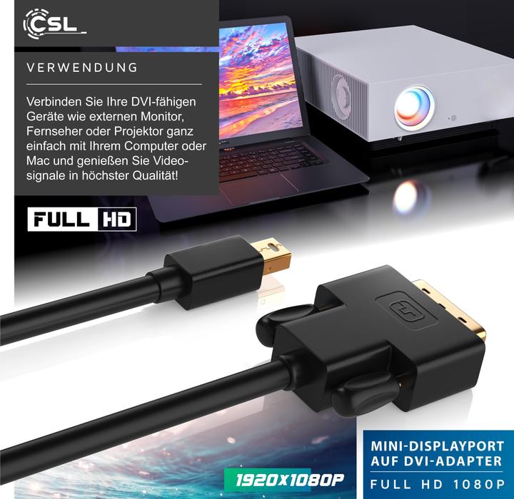 Produktbild CSL Mini DisplayPort zu DVI Video-Kabel, miniDP Monitor Adapter Kabel, für Apple, PC's & Notebooks (2 m, DisplayPort, DVI)