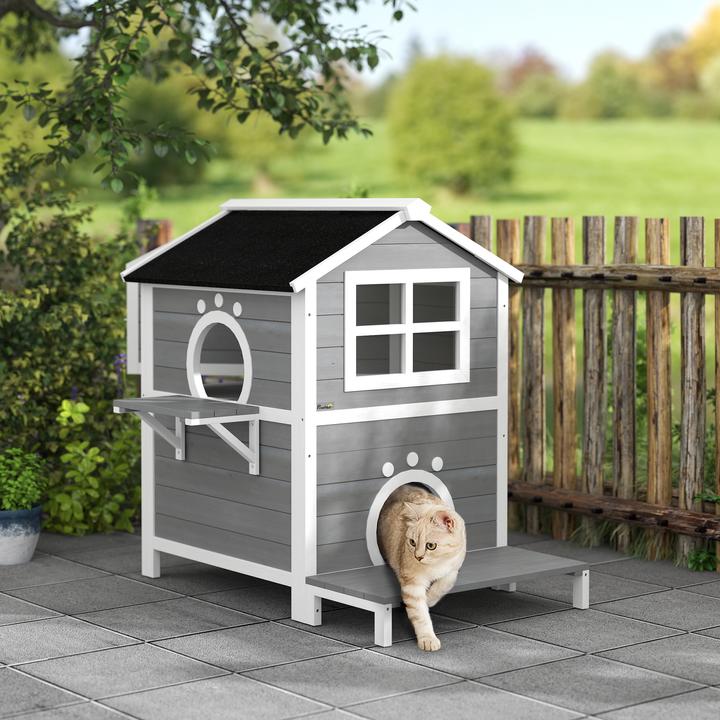 Produktbild PawHut Katzenhaus Tannenholz Grau (Katze)
