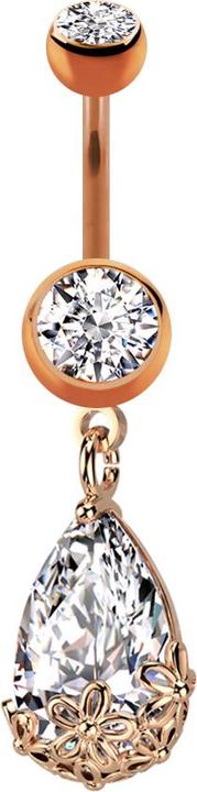 Star Piercing Banane rosegold mit zwei Kugeln Kristall silber Anhänger Ovaler Kristall Blumen gefasst (Messing, Chirurgenstahl 316L)