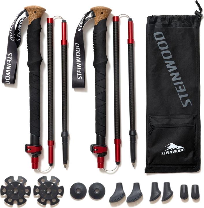 Steinwood Carbon Wanderstöcke, Leicht, Verstellbar, mit Gummipuffern und Tragebeutel, Faltbar 135cm (115 - 135 cm)