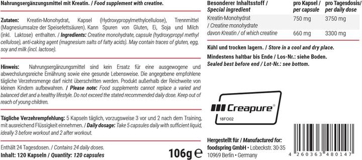 Nährwerte und Zutaten Foodspring Creatine (1 Stück, Kapseln, 108 g)