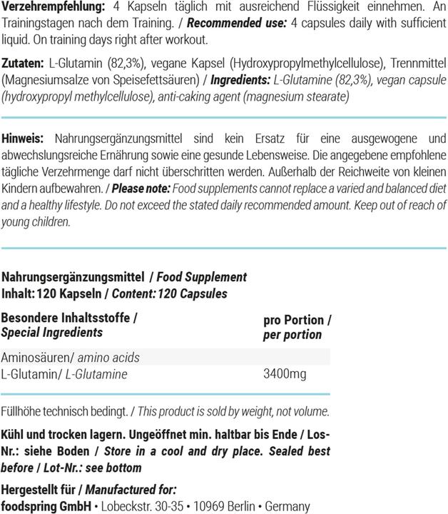 Nährwerte und Zutaten Foodspring L-Glutamin (1 Stück, Kapseln, 102 g)