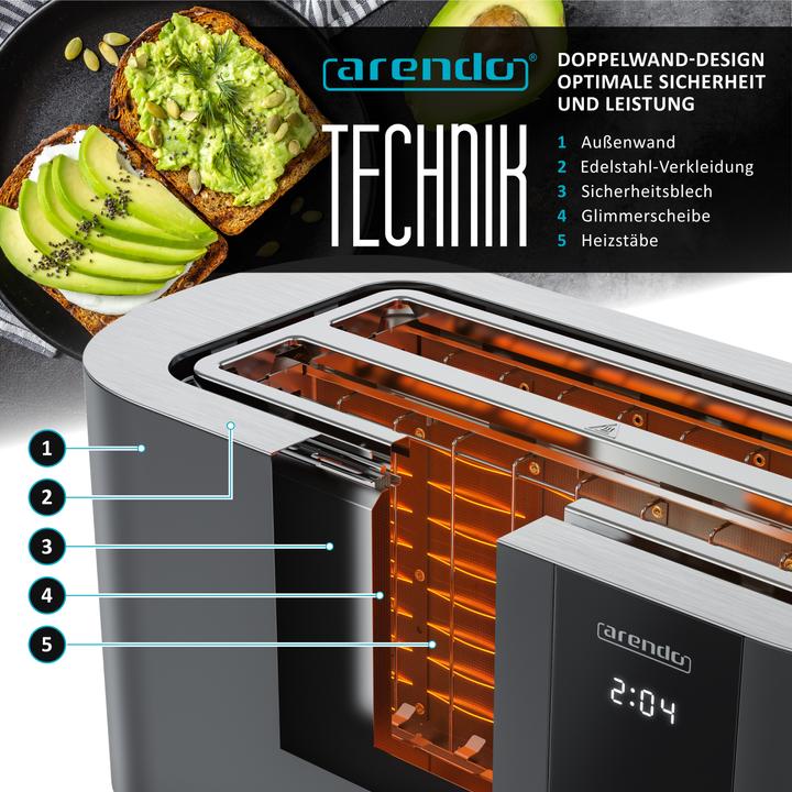 Produktbild Arendo Toaster Edelstahl 4 Scheiben Langschlitz, Touch Display, Bräunungsgrad & Restzeitanzeige, 1500 W (EU-Stecker)