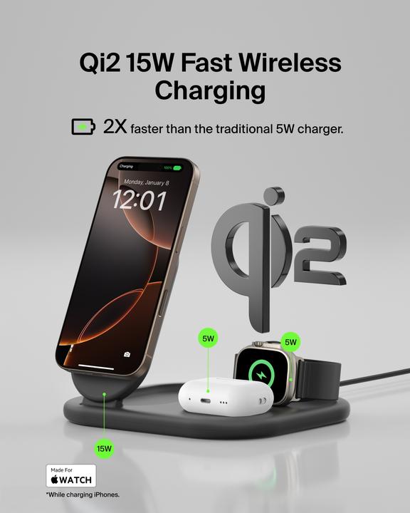 Actual product image Belkin BoostCharge 3-in-1 Qi2 charging station (15 W)
