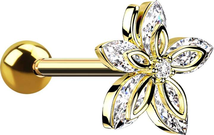 Star Piercing Micro Barbell vergoldet mit Kugel und Blume fünf Kristallblätter (Chirurgenstahl 316L, Messing)