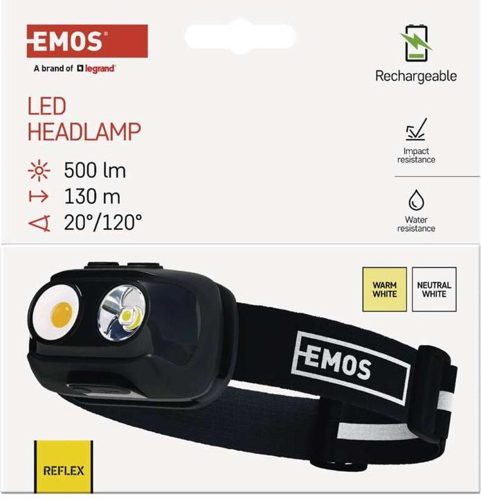 Actual product image Emos COB LED rechargeable headlamp P3542, 500lm, 130m, Li-pol 1200 mAh (500 lm)