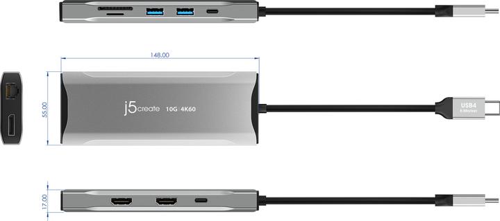 Actual product image j5Create JCD397 4K60 Elite USB-C® Multi-Monitor Mini Dock, Space Grey (USB-C, 3 Ports)