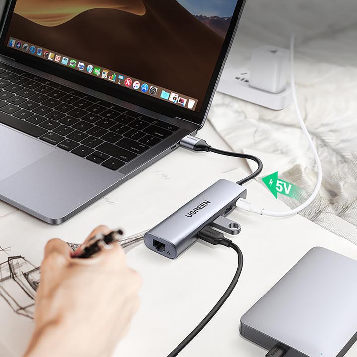Image du produit Ugreen CM266 Adaptateur Hub 5en1 USB, 3x USB 3.0, micro USB, RJ45 (gris) (USB-A, 5 Ports)