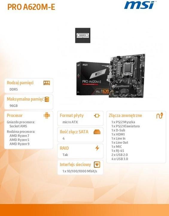 Produktbild MSI Pro A620M-E (AM5, AMD A620, mATX)