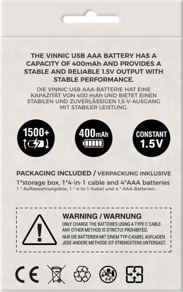 Produktbild Vinnic Rechargeable Battery AA USB-C 400mAh 4pcs incl. Case&Charging Cable (4 Stk., AAA, 400 mAh)