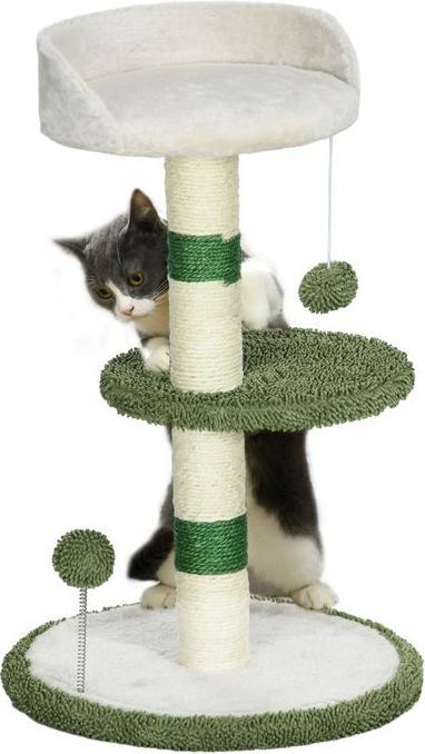 Produktbild Swisshandel24 Kratzbaum Klein 64 cm rund mit Liegefläche, Spielball, Sisal, bis 4 kg (64 cm, Weiss+Grün+Beige)