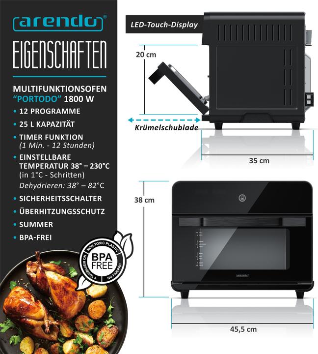 Produktbild Arendo Minibackofen Airfryer 25L Edelstahl Multifunktionsofen, XXL Heissluftfritteuse 1800W, mit Backpapier (CH-Stecker)