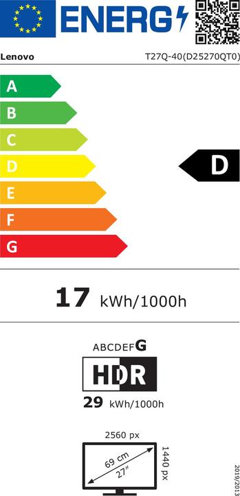 Energie-Label Lenovo TS/ThinkVision T27Q-40 / 27.0" IPS / 256 (2560 x 1440 Pixel, 27")