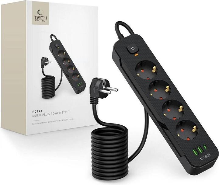 Tech-Protect PCL4X3 Power Strip 4 Sockets 240V + 2xUSB-A + 1xUSB-C 200 cm - Noir (2 x, USB-A, USB-C, 2 m)