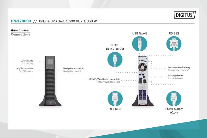 Produktbild Digitus OnLine-USV 1500VA/1350W 8xIEC C13 LCD-Display Batterie: 12V/9Ah x3 (1500 VA, 1350 W, Online-Doppelwandler USV)