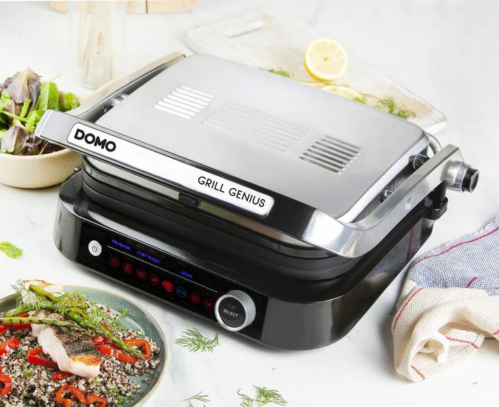 Actual product image Domo Genius Electric Contact Grill Non-stick Coating, with Display Stainless Steel, Black (EU plug)