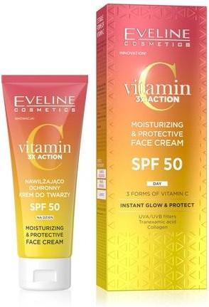 Actual product image Eveline Vitamin C 3xAction Nawilżająco - Ochronny Krem do twarzy SPF50 na dzień 30ml (Suntan cream, SPF 50, 30 ml)