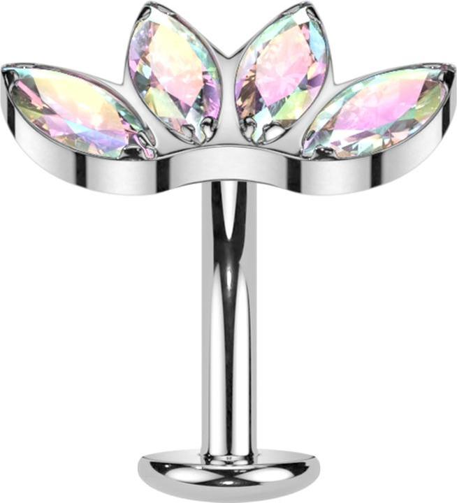 Star Piercing Threadless Labret-Stab Banane silber Fächer silber mit vier Kristallen multicolor (Titan G23)