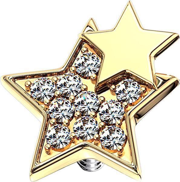Star Piercing Dermal Anchor 14k vergoldet doppelstern mit Kristallen (Chirurgenstahl 316L, Messing)