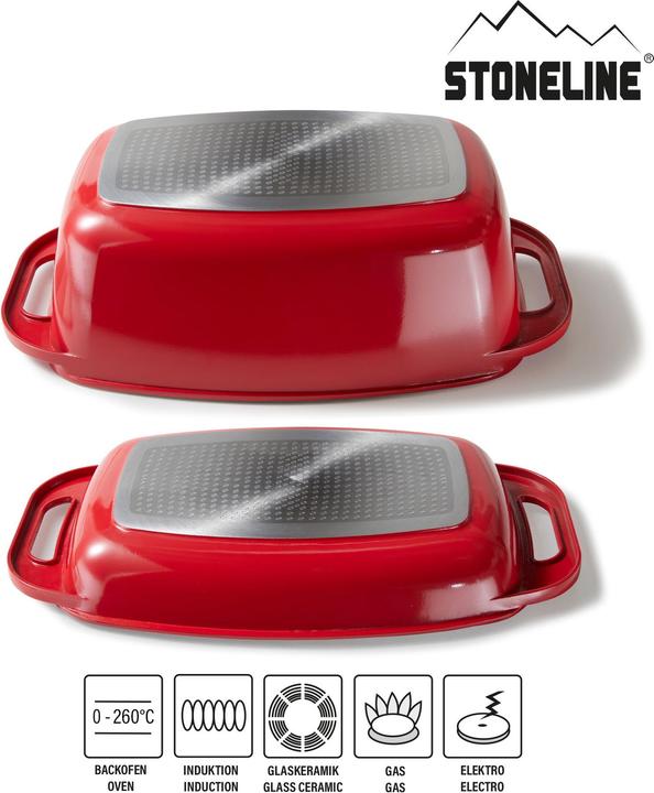 Produktbild Stoneline Bräter 43 x 26 cm mit Deckel, Backofen und Induktion geeignet, Antihaftbeschichtung, rot (Bräter + Schmortopf, Aluminiumguss)