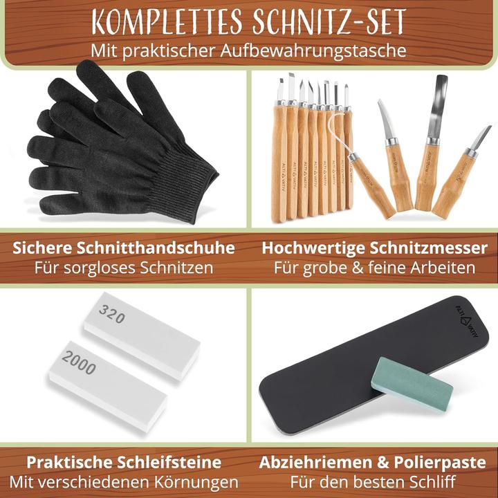 Produktbild Altivativ 18-teiliges Holzschnitzwerkzeug Set mit Handschuhen, Schleifset