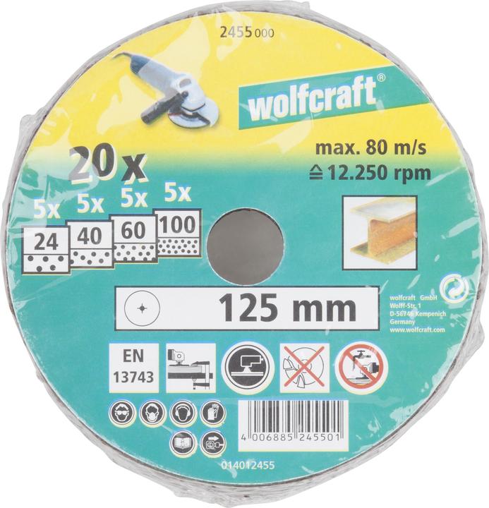Produktbild wolfcraft wolfcraft 1 Fiberschleifsch.-Set 20-tlg. WS ø125mm (24, 40, 60, 100)