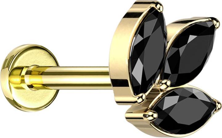 Star Piercing Micro Labret Innengewinde vergoldet drei Ovalen Kristalle schwarz (Titan G23, ohne Messing)