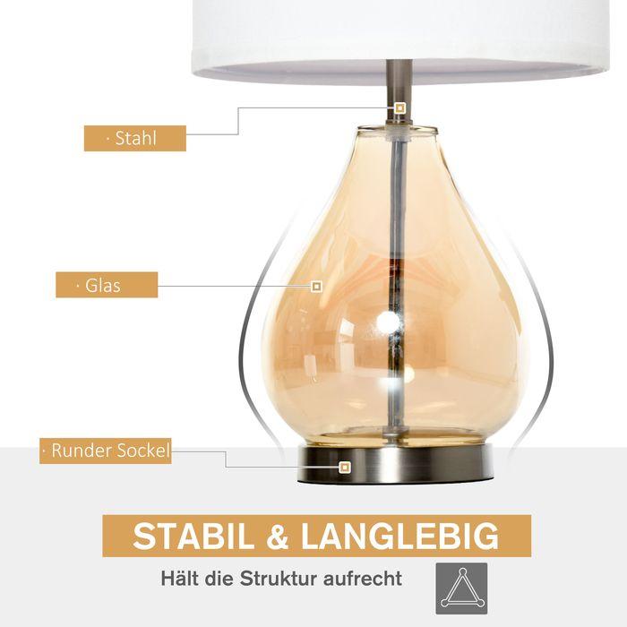 Produktbild Swisshandel24 2-Set Tischlampen Tischleuchten E27-Fassung Nachttischlampe 40 W Glas Leinen Stahl Bernstein Ø30 x 5 (E27)
