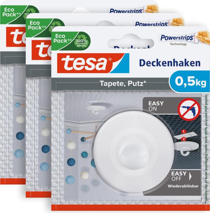 Produktbild tesa 3x Deckenhaken für Tapete & Putz, selbstklebend