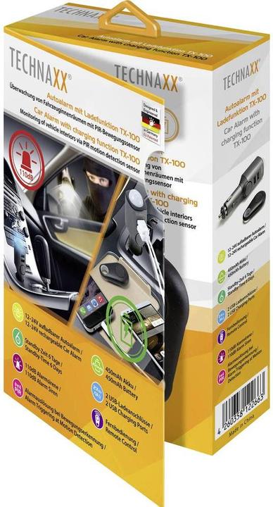 Actual product image Technaxx TX-100 auto alarm with charging function
