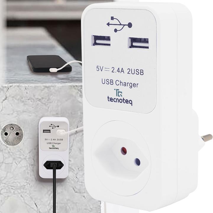 Actual product image Tecnoteq Socket outlet with 2x USB charging port 2.4A overvoltage protection, Swiss-Edition