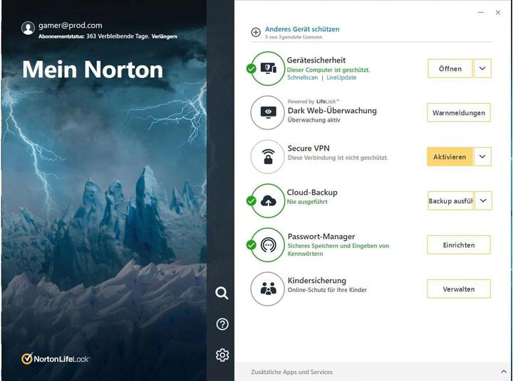 Produktbild Norton LifeLock 360 for Gamers 50GB 3 Device 1 Year ESD (3 User, 3 Geräte/User, 12 Monate)