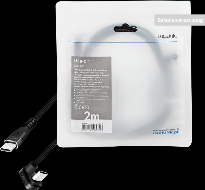 Produktbild LogiLink USB 2.0 Type-C-Kabel, C/M 180° zu USB-A/M, Alu, schwarz, 2 m (2 m, USB 2.0, 20 W)