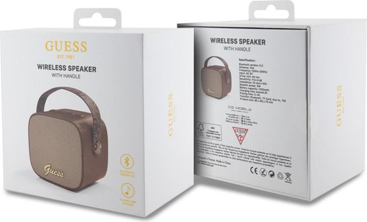 Actual product image Guess głośnik Bluetooth GUWSB2P4SMW Speaker mini brązowy/bown 4G Leather Script Logo with Strap (4 h, Rechargeable battery operated)