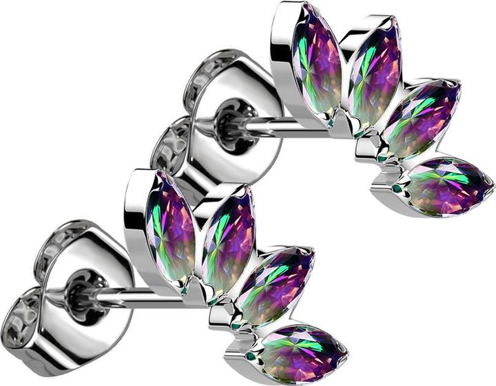 Star Piercing Threadless Ohrstecker silber Fächer mit vier Kristalle dunkel multicolor (Titan G23, ohne Messing)
