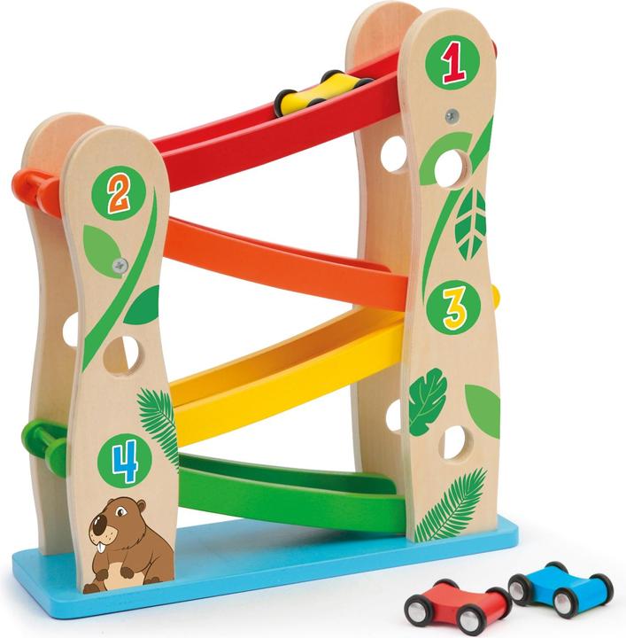 Actual product image Sevi 88057 Wood Eco Smart racing car ramp approx. 25 x 9 x 29 cm, zigzag car track with 3 vehicles