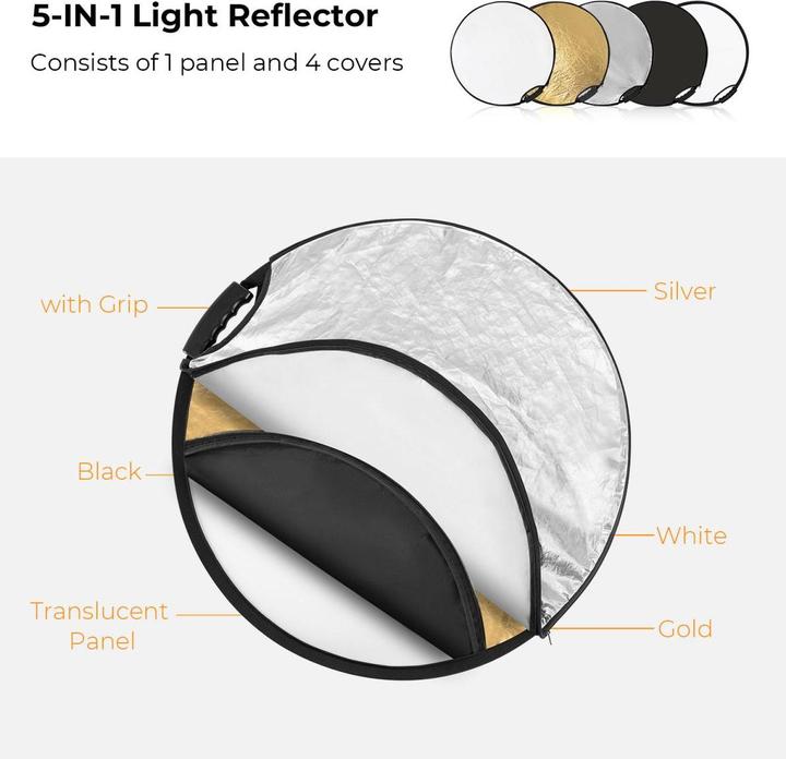 Image du produit K&F Concept Réflecteur circulaire 5 en 1 pour la photographie 107cm avec poignée Gold Sliver Black White (110 cm)