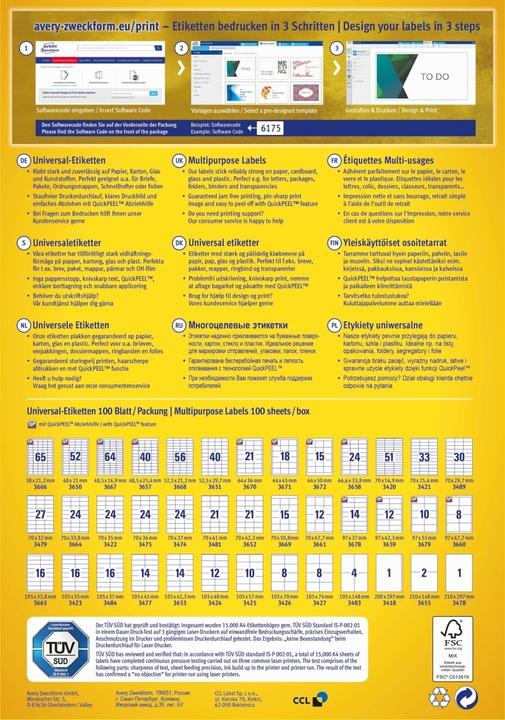 Nutritional values and ingredients Avery Universal labels
