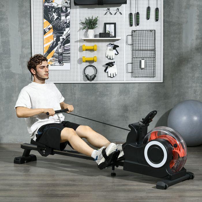 Actual product image Swisshandel24 Water rowing machine, foldable, 6 resistances, display, mobile phone holder, up to 120kg, metal