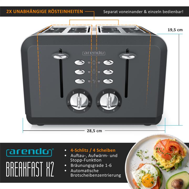 Produktbild Arendo Edelstahl Toaster 4 Scheiben, Automatik, Edelstahl, Wärmeisolierendes Doppelwandgehäuse, grau