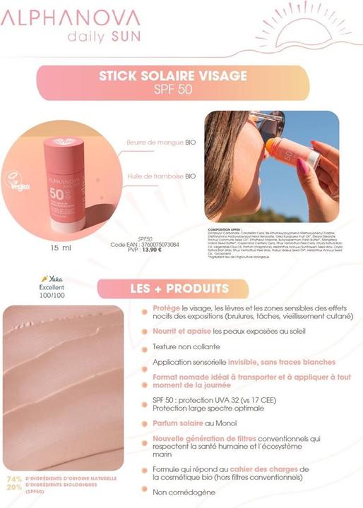 Actual product image Alphanova Daily SUN Sun Stick SPF50 17 ml (Sun stick, SPF 50, 17 ml)