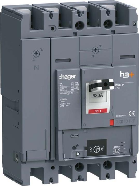 Actual product image Hager HPW631NR h3+ P630 Energy 4P4D630A 110kA Circuit breaker