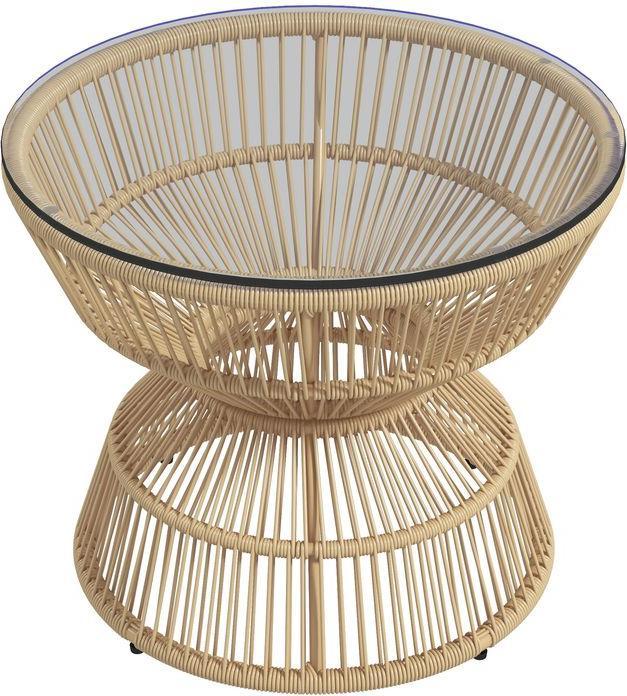 Produktbild Swisshandel24 Beistelltisch Rattan, Ø60 cm Couchtisch Gartentisch mit Tischplatte aus Hartglas, Balkontisch im Boh