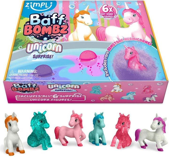 Zimpli Kids Einhorn-Überraschung Baff Bombz – 6 sprudelnde Badebomben mit Figuren, hautfreundlich (Badepralinen)