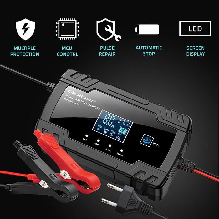 Actual product image Qoltec Mikroprozessor-Ladegerät 12V 8A 24V 4A LCD (12V, 24V, 8 A)