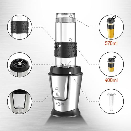 Produktbild Adler Mixer AD 4081 Tabletop, 800 W, Jar material BPA Free Plastic, Jar capacity 0.57 and 0.4 L, Ice crush (EU-Stecker, 800 W)