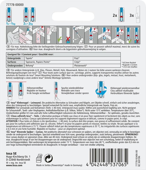 Image du produit tesa Clou adhésif pour papier peint et plâtre, idéal pour les toiles et les châssis